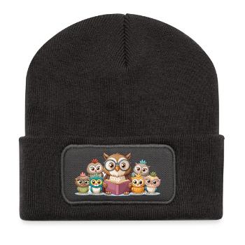 Niedliche Eulenfamilie liest gemeinsam Geschichte Kunst - Recycelte Patch Beanie - Dunkelgrau - Vorne