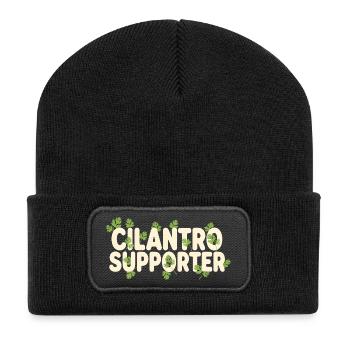 Éventail de coriandre | Humour de jardin de cuisine aux herbes - Beanie recyclé à patch - noir - Devant