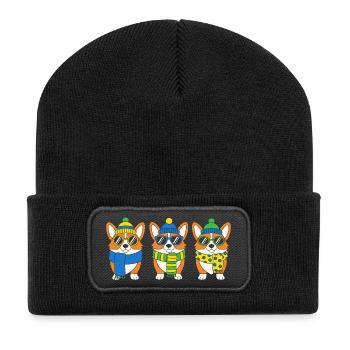Winter Corgi Trio with Accessories - Recycled Patch Beanie - black - Front
