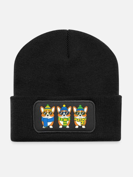 Winter-Corgi-Trio mit Accessoires - Recycelte Patch Beanie - Schwarz
