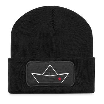 Origami Papierboot mit Stern – Symbol Design - Recycelte Patch Beanie - Schwarz - Vorne