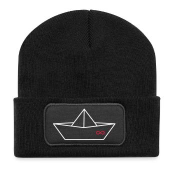 Origami Papierboot mit Unendlichkeitszeichen - Recycelte Patch Beanie - Schwarz - Vorne