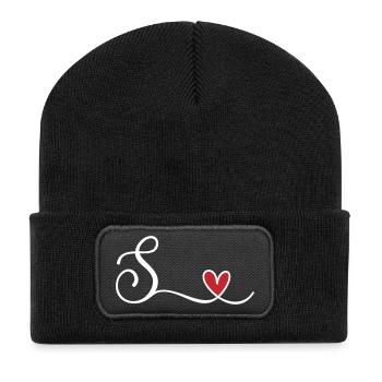 Buchstabe S. mit Herz Monogramm Initialie - Recycelte Patch Beanie - Schwarz - Vorne