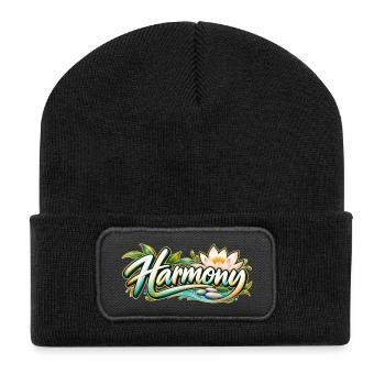 Harmony: Lotusfluss Zen-Muster - Recycelte Patch Beanie - Schwarz - Vorne