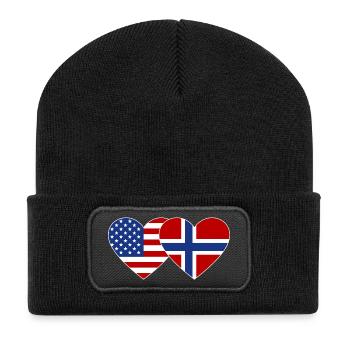 USA Norwegen Flagge Herz - Recycelte Patch Beanie - Schwarz - Vorne