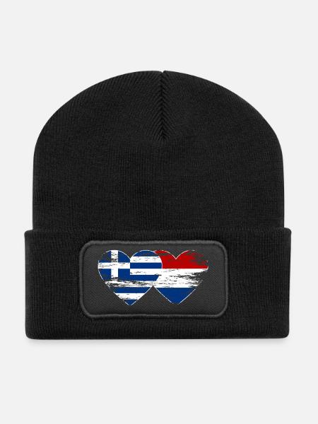 Greece Holland flag heart used - Recycled Patch Beanie - black