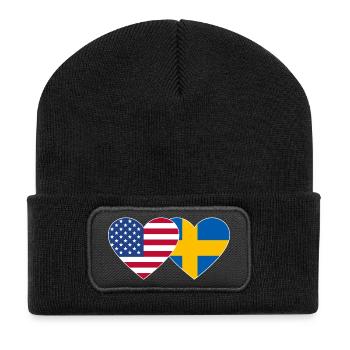 USA Schweden Flagge Herz - Recycelte Patch Beanie - Schwarz - Vorne
