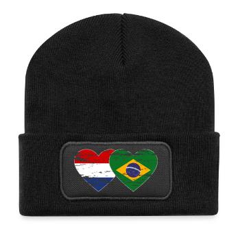 Holland Brazil Flag Heart Used - Recycled Patch Beanie - black - Front