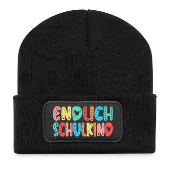 EINSCHULUNG ENDLICH SCHULKIND HERZ - Recycelte Patch Beanie - Schwarz - Vorne