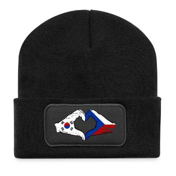 South Korea Czech Republic Flag Hands Heart Shape Used - Recycled Patch Beanie - black - Front