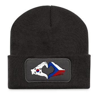 Corée du Sud République tchèque drapeau mains coeur forme utilisé - Beanie recyclé à patch - charbon - Devant