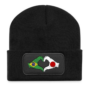 Brésil Japon Drapeau Mains Coeur Forme Utilisé - Beanie recyclé à patch - noir - Devant