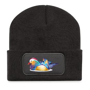 Bunte Mandarinente auf dem Wasser – bunte Eleganz - Recycelte Patch Beanie - Dunkelgrau - Vorne