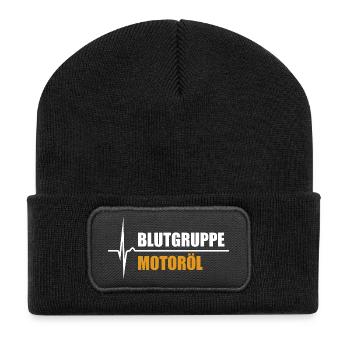 Blutgruppe Motoröl - da steigt dein Puls - Recycelte Patch Beanie - Schwarz - Vorne
