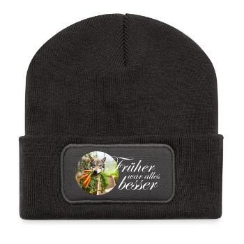 Hund Wolf mit Karotten Spruch Design witzig Nieder - Recycelte Patch Beanie - Dunkelgrau - Vorne