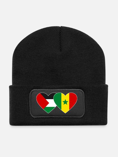 Palestine Senegal Flag Heart - Recycled Patch Beanie - black