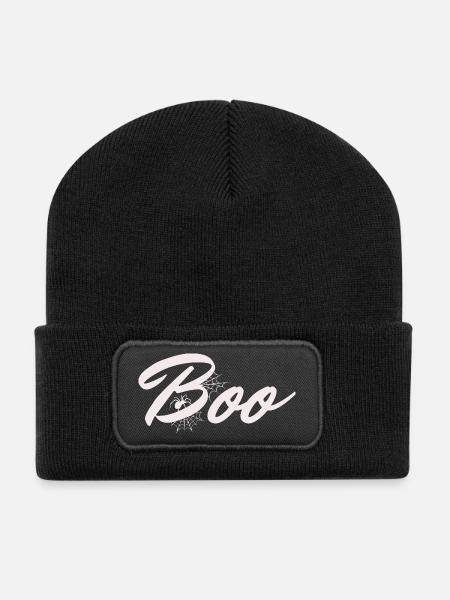 Boo Halloween Spinnennetz Schriftzug - Recycelte Patch Beanie - Schwarz