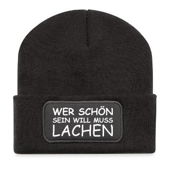 Nice saying: If you want to be beautiful, you have to laugh! - Recycled Patch Beanie - dark grey - Front