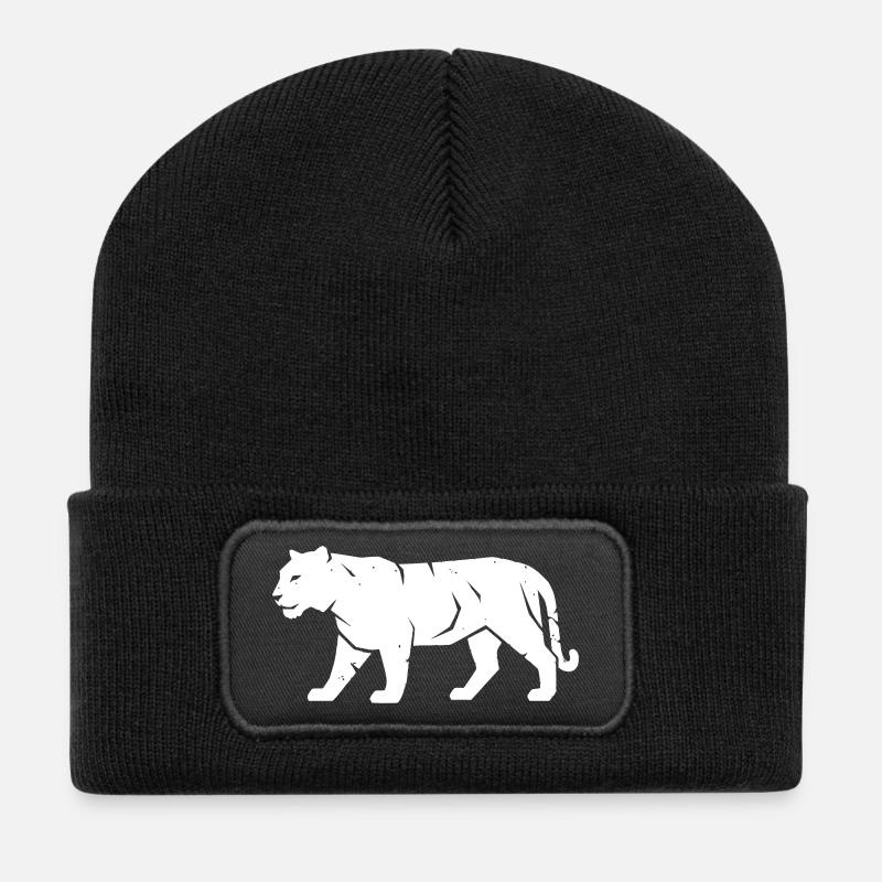 Tiger Gehend Streifen Wildnis Vektor - Recycelte Patch Beanie - Schwarz