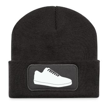 Schuh-Silhouette Linienkunst - Recycelte Patch Beanie - Dunkelgrau - Vorne