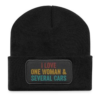 Eine Frau und viele Autos: Autohumor - Recycelte Patch Beanie - Schwarz - Vorne