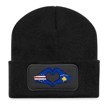 Kap Verde Kosovo Flagge Hände Herzform - Recycelte Patch Beanie - Schwarz - Vorne