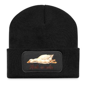 "Heide ni mehr" – Müde sächsische Aquarell Gans - Recycelte Patch Beanie - Schwarz - Vorne