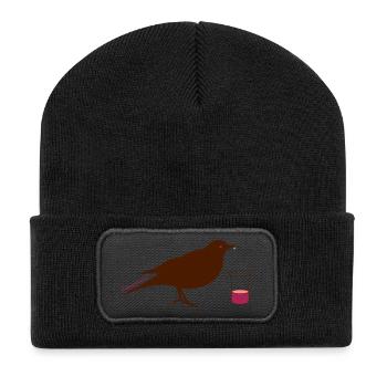 Schnapsdrossel mit Glas - Recycelte Patch Beanie - Schwarz - Vorne