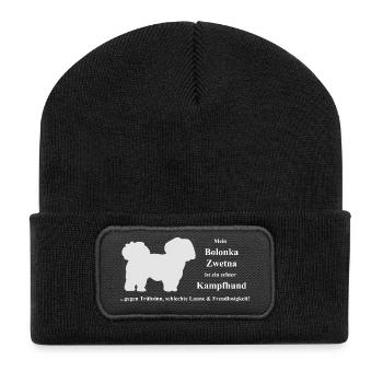 Bolonka Zwetna mit weißer Schrift - Recycelte Patch Beanie - Schwarz - Vorne