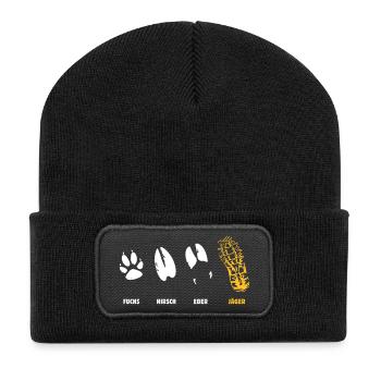 Fuchs, Reh, Eber, Jäger, Trittsiegel, Fährte - Recycelte Patch Beanie - Schwarz - Vorne