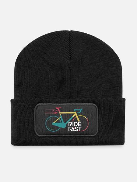 Lebendiges Speed Bike Druckdesign - Recycelte Patch Beanie - Schwarz