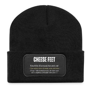 "Cheese Feet -Käsefüße" Definition mit Witz - Recycelte Patch Beanie - Schwarz - Vorne
