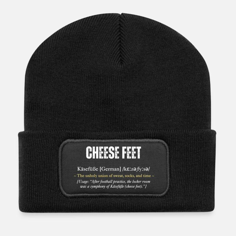 "Cheese Feet -Käsefüße" Definition mit Witz - Recycelte Patch Beanie - Schwarz