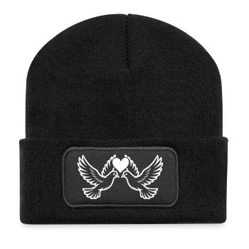 Taube Liebespaar Ehepaar Herz Hochzeit - Recycelte Patch Beanie - Schwarz - Vorne