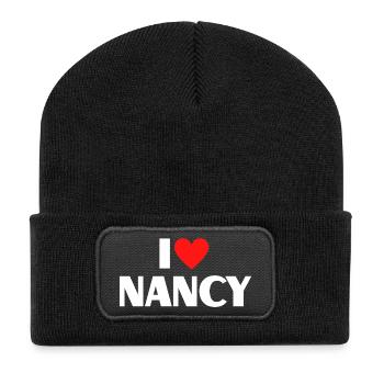 I love Nancy Rotes Herz Romantischer Name Fan - Recycelte Patch Beanie - Schwarz - Vorne