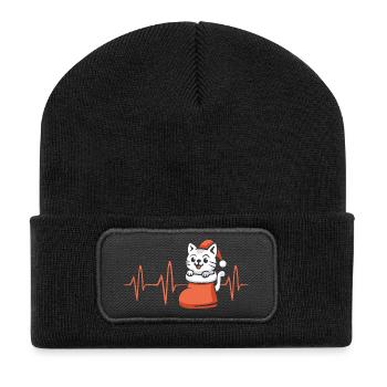 Weihnachtskatze im Herzschlag-Design - Recycelte Patch Beanie - Schwarz - Vorne