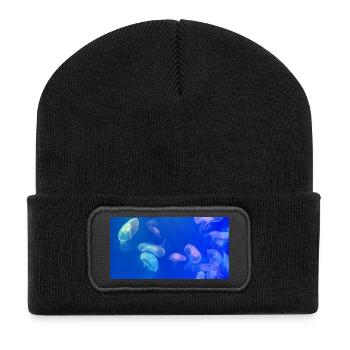 Blaues Quallenmuster - Recycelte Patch Beanie - Schwarz - Vorne