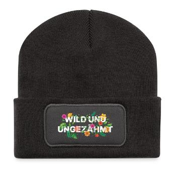 Wild und ungezähmt – Floraler Trend Spruch - Recycelte Patch Beanie - Dunkelgrau - Vorne