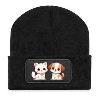 Hund Katze Comic - Recycelte Patch Beanie - Schwarz - Vorne