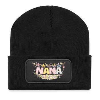Nana Flowers and Pastel | Original Granny Gift - Recycled Patch Beanie - black - Front