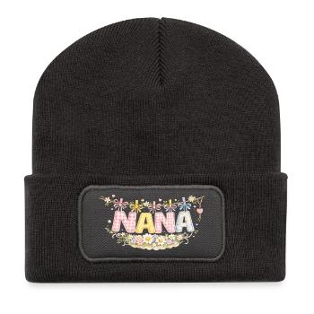 Nana Fleurs et Pastel | Cadeau Mamie Original - Beanie recyclé à patch - charbon - Devant