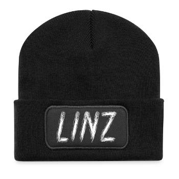 Linz, Österreich – Typografie der Pinselstrichstadt - Recycelte Patch Beanie - Schwarz - Vorne