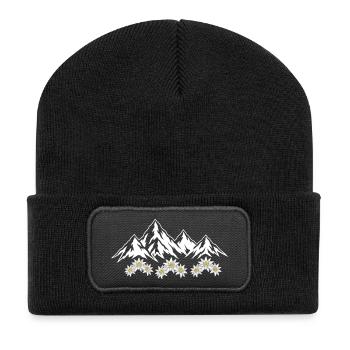 Alpen Berge mit Edelweiss Blumen Natur Landschaft - Recycelte Patch Beanie - Schwarz - Vorne