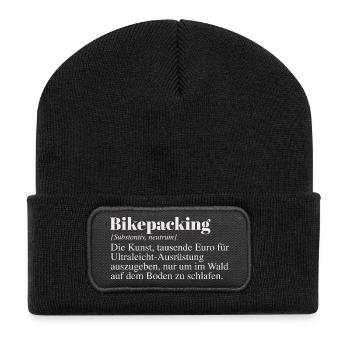 Bikepacking Duden Spruch - Recycelte Patch Beanie - Schwarz - Vorne