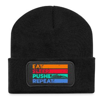 Essen, schlafen, pressen, wiederholen - Recycelte Patch Beanie - Schwarz - Vorne
