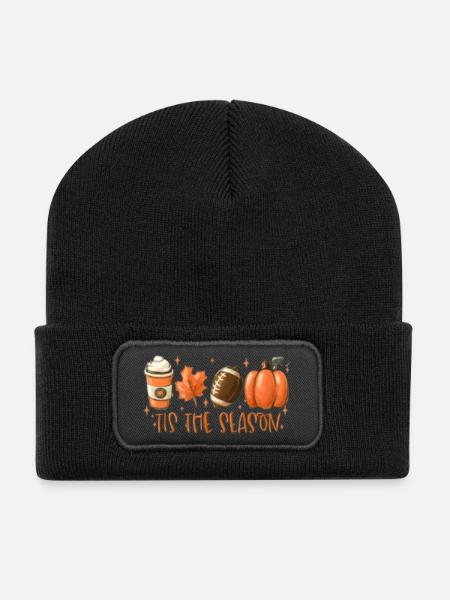 Herbstsaison Kaffee Kürbis Ball - Recycelte Patch Beanie - Schwarz