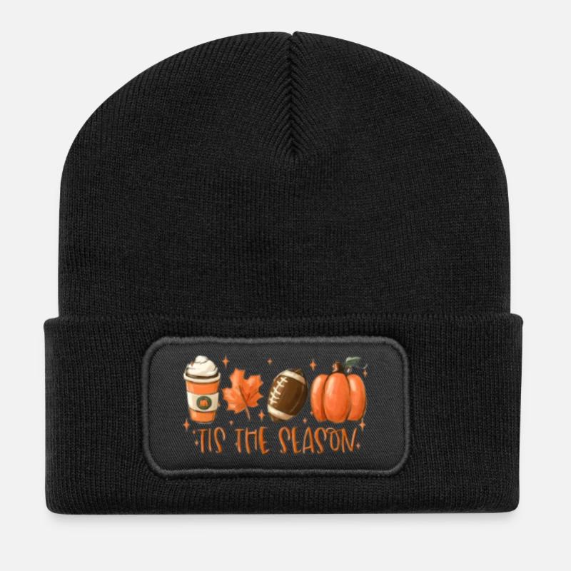 Herbstsaison Kaffee Kürbis Ball - Recycelte Patch Beanie - Schwarz