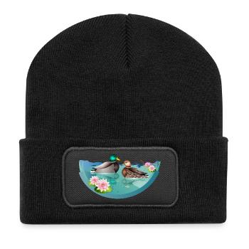 Duck couple in duck pond with water lilies - Recycled Patch Beanie - black - Front