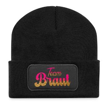Team Braut! Pink, Gold Glitzer - Recycelte Patch Beanie - Schwarz - Vorne