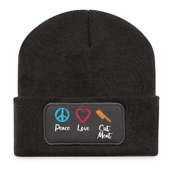 Frieden Liebe Fleisch schneiden - Recycelte Patch Beanie - Dunkelgrau - Vorne